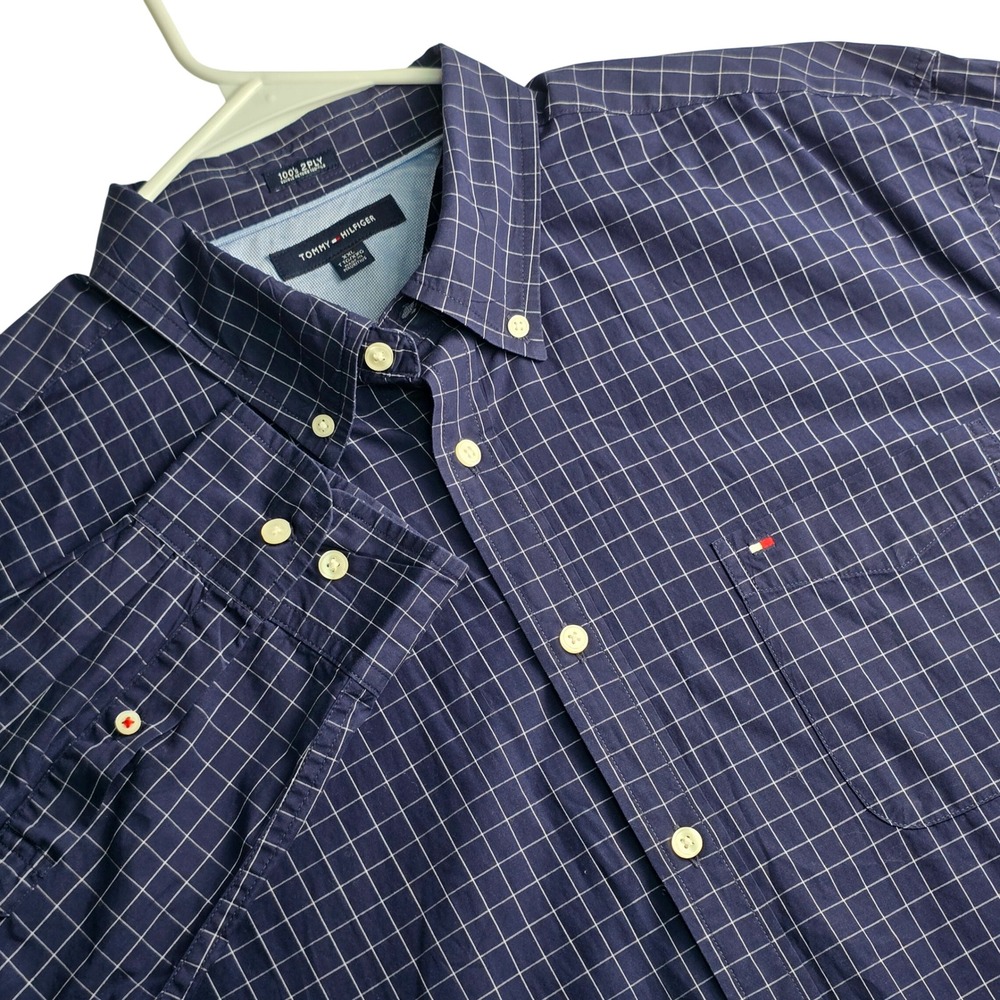 Tommy Hilfiger Button Down Shirt Mens XXL Navy Blue Windowpane 100s 2-Ply Cotton - Picture 1 of 13